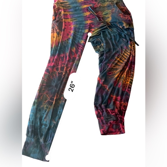 Knit jogger style tie dye jumpsuit with cap sleeves pockets and drawstring waist - Picture 5 of 11